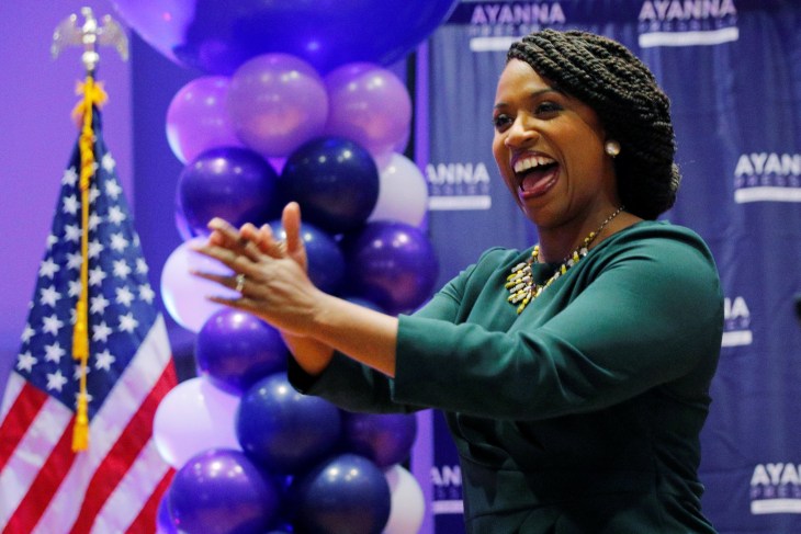 Image: Democratic candidate for U.S. House of Representatives Ayanna Pressley takes the stage after winning the Democratic primary in Boston